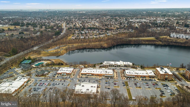 drone / aerial view with a water view