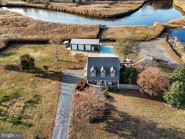 aerial view featuring a water view