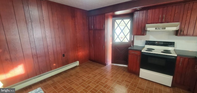 kitchen featuring wooden walls, white range with electric cooktop, and a baseboard heating unit