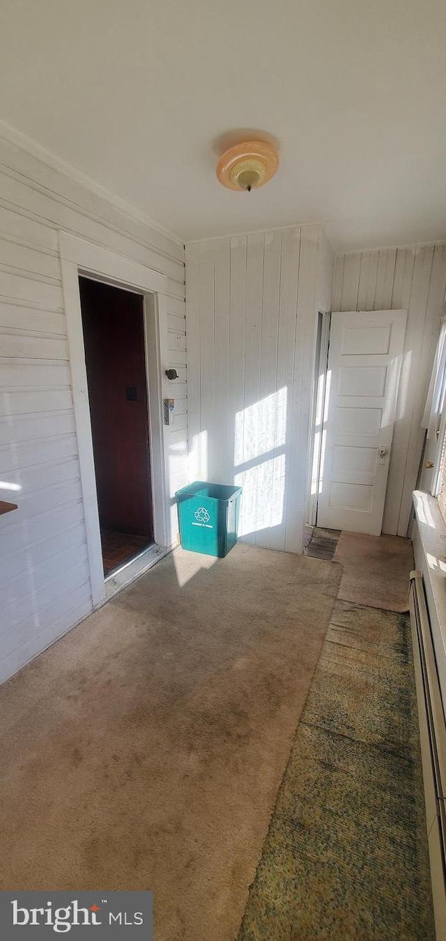 interior space with carpet, wooden walls, and a baseboard heating unit