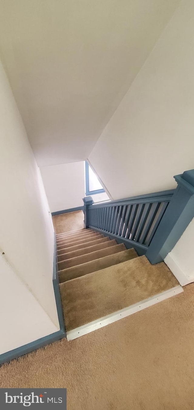 stairway with carpet flooring and vaulted ceiling