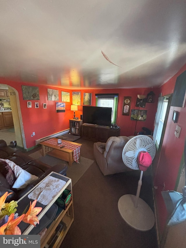 carpeted living room featuring a baseboard radiator