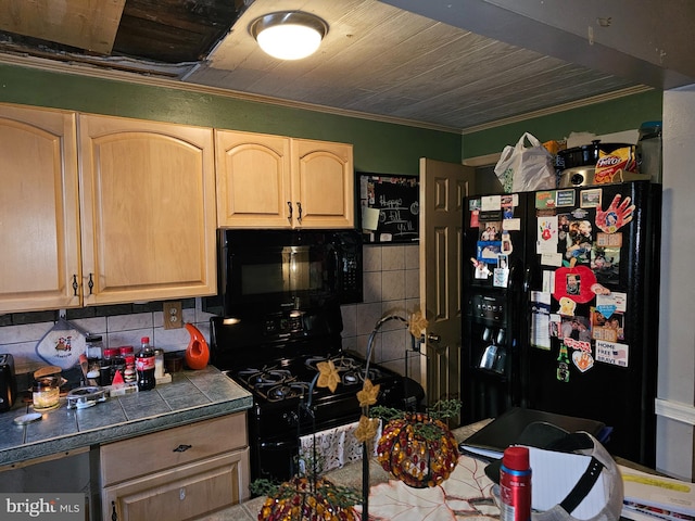 kitchen with decorative backsplash, light brown cabinetry, black appliances, and ornamental molding