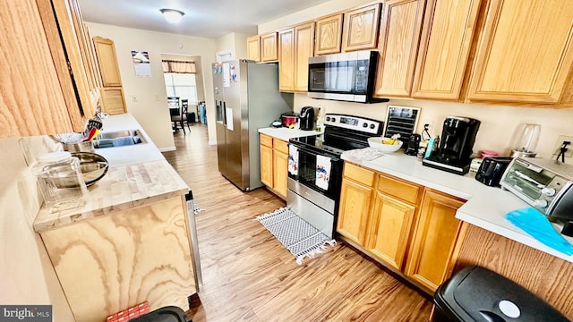 kitchen featuring light wood-type flooring, sink, and appliances with stainless steel finishes