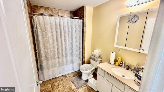 full bathroom with shower / bathtub combination with curtain, tile patterned floors, a wall mounted AC, toilet, and vanity