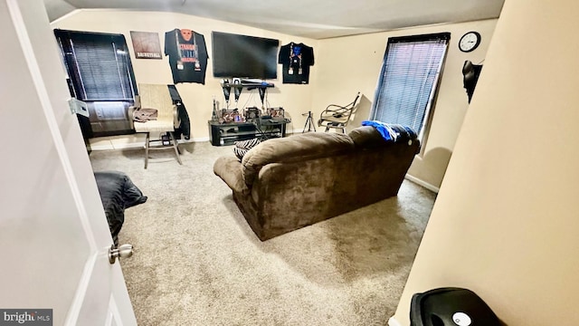 living room featuring carpet floors and vaulted ceiling