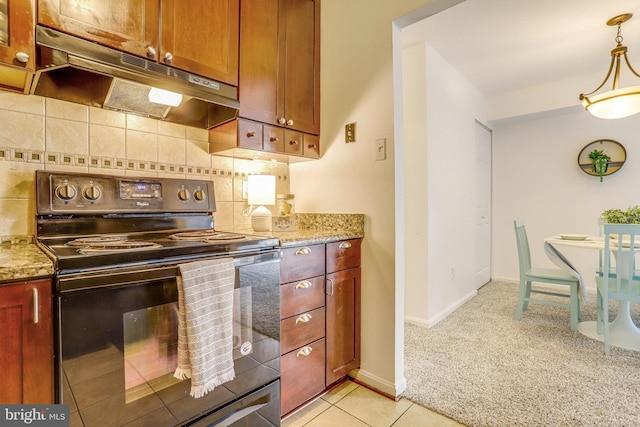 kitchen featuring decorative backsplash, black electric range oven, light stone countertops, and light tile patterned floors