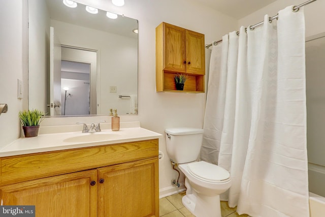 full bathroom with tile patterned floors, shower / bathtub combination with curtain, vanity, and toilet