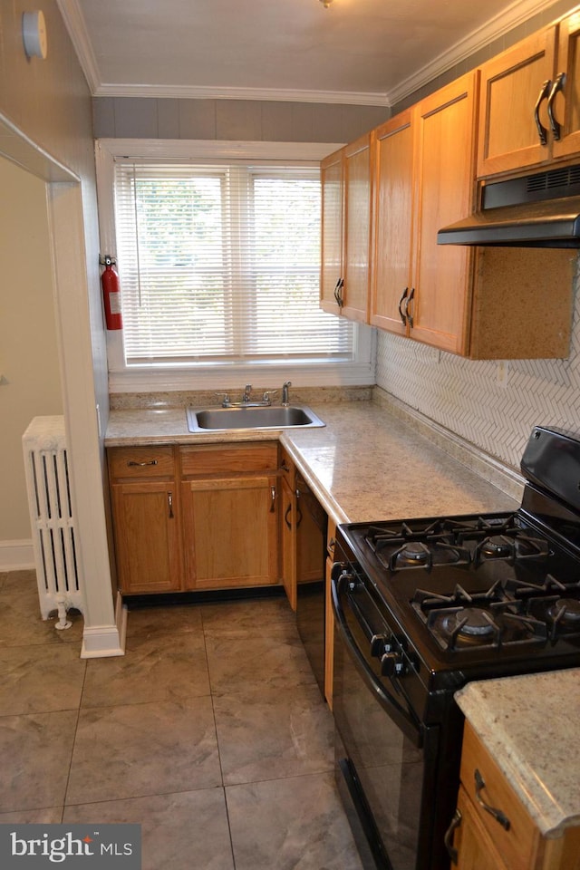 kitchen with crown molding, sink, black appliances, and tile patterned flooring