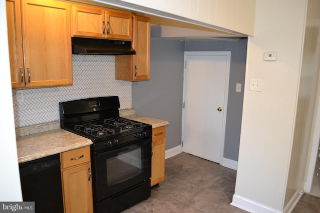 kitchen with tasteful backsplash, light tile patterned floors, and black appliances