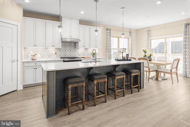 kitchen featuring white cabinets, an island with sink, and sink