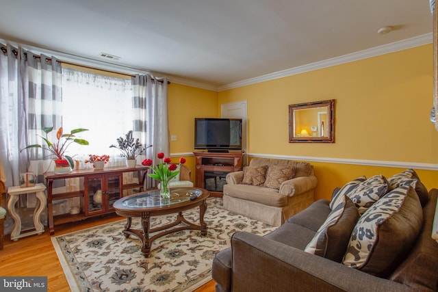 living room with light hardwood / wood-style flooring and crown molding