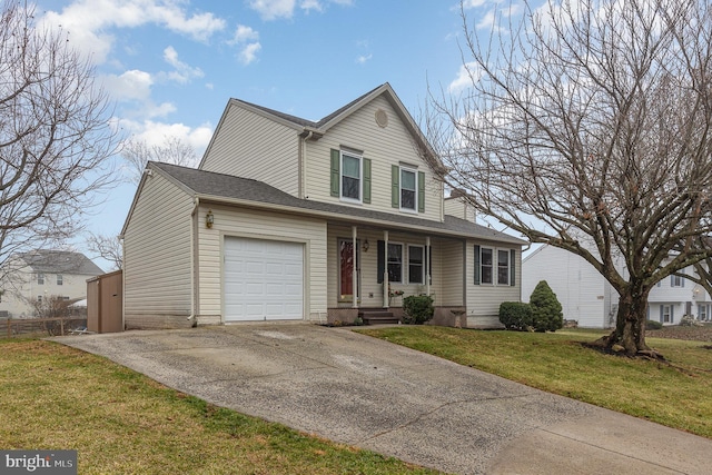 traditional-style house featuring a garage, covered porch, a front lawn, and concrete driveway