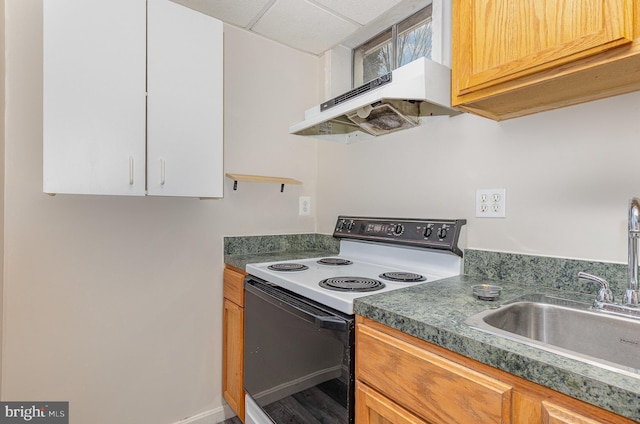 kitchen with range with electric stovetop, dark countertops, a sink, under cabinet range hood, and baseboards