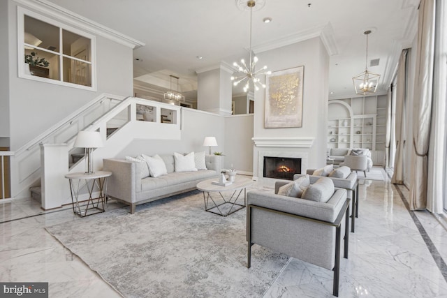 living room with built in features and ornamental molding