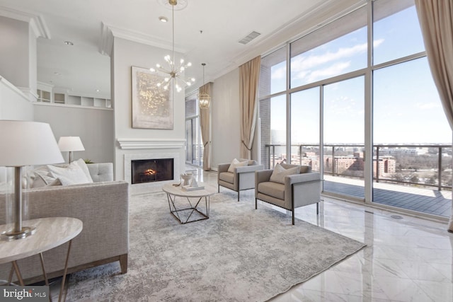 1401 N Oak St Unit 903, 905, Arlington, VA 22209 - living room featuring marble tiled floors, ornamental molding, a lit fireplace, a chandelier, and expansive windows
