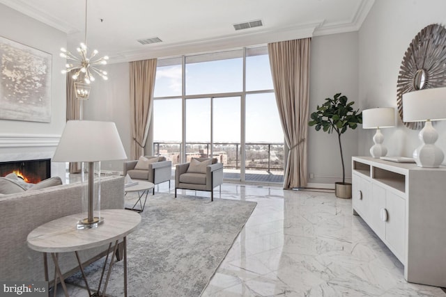 1401 N Oak St Unit 903, 905, Arlington, VA 22209 - living room with ornamental molding, light marble finish flooring, a warm lit fireplace, a chandelier, and expansive windows