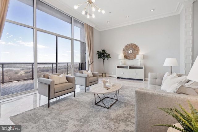 living room with a wall of windows, crown molding, and an inviting chandelier