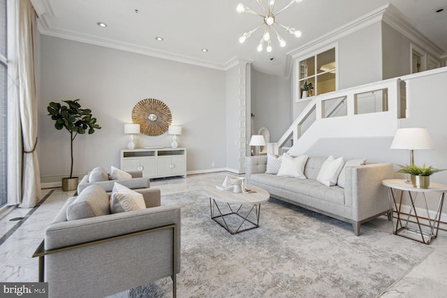 living room featuring a chandelier and ornamental molding