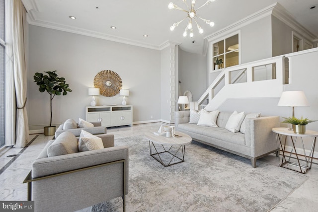 1401 N Oak St Unit 903, 905, Arlington, VA 22209 - living area with marble tiled flooring, a chandelier, crown molding, recessed lighting, and baseboards