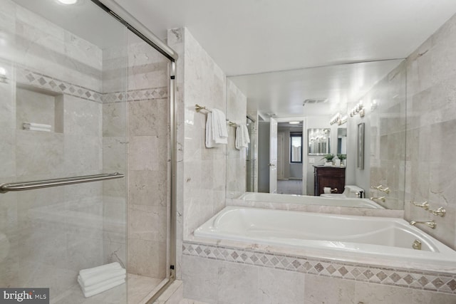 1401 N Oak St Unit 903, 905, Arlington, VA 22209 - full bathroom with a stall shower, tiled tub, and vanity