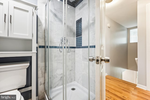 bathroom featuring a shower with shower door and toilet