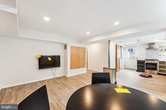 interior space featuring light hardwood / wood-style flooring and beverage cooler