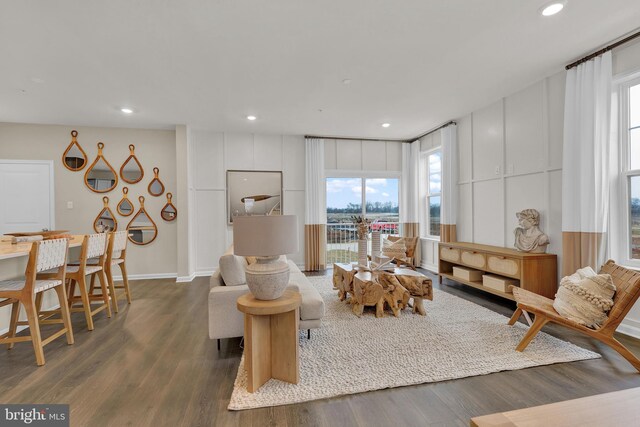 living room featuring dark hardwood / wood-style flooring and a wealth of natural light