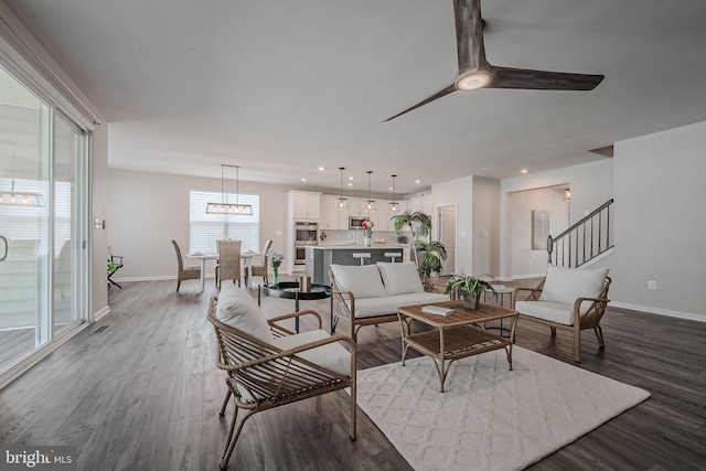 living room with dark hardwood / wood-style floors