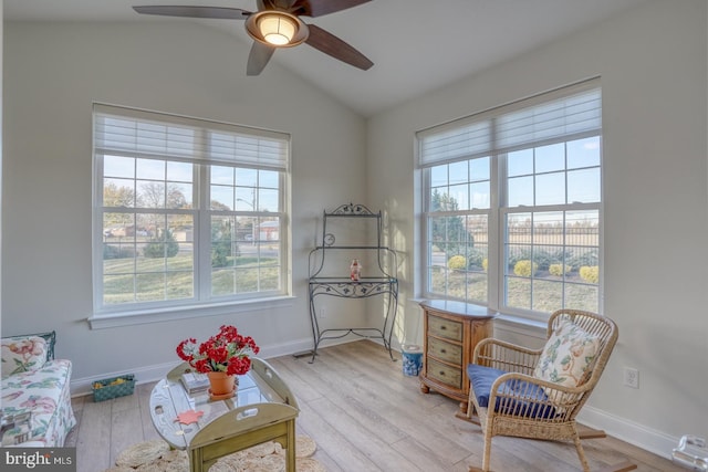 living area with plenty of natural light, ceiling fan, light wood-type flooring, and lofted ceiling