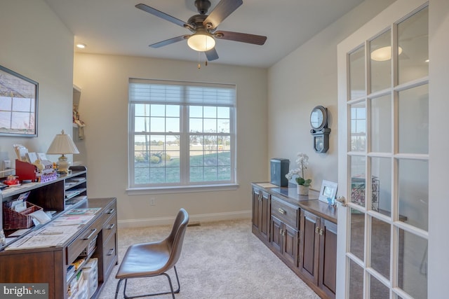 102 Serenity Cir, Middletown, DE 19709 - office area with a ceiling fan, baseboards, and light carpet
