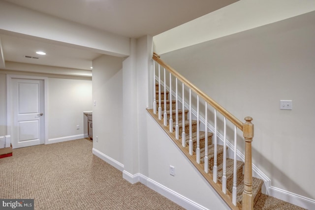 staircase featuring carpet floors