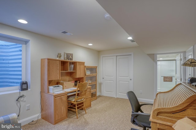 view of carpeted home office