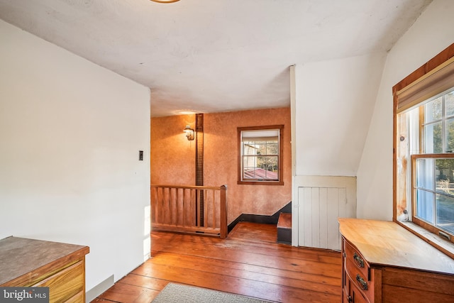 hall featuring a wealth of natural light, lofted ceiling, and hardwood / wood-style flooring