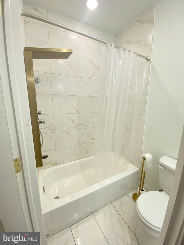 bathroom with shower / bath combination with curtain and toilet