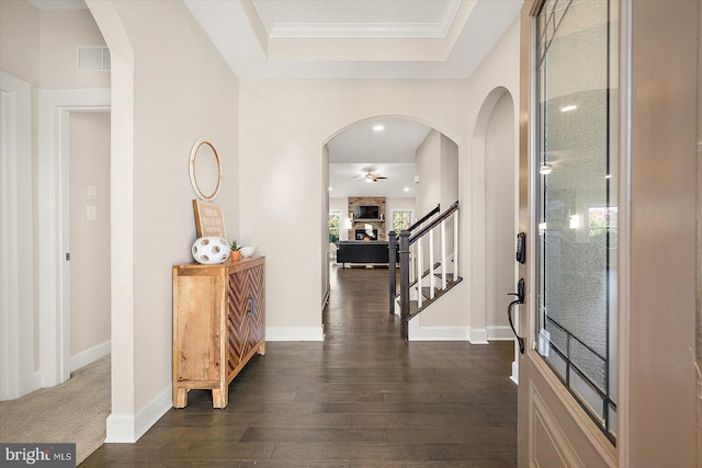 entryway featuring ceiling fan, dark hardwood / wood-style flooring, and crown molding