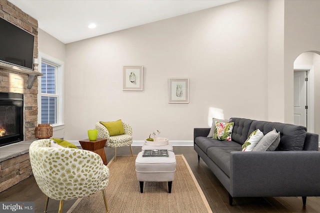 living room featuring a fireplace, wood-type flooring, and lofted ceiling