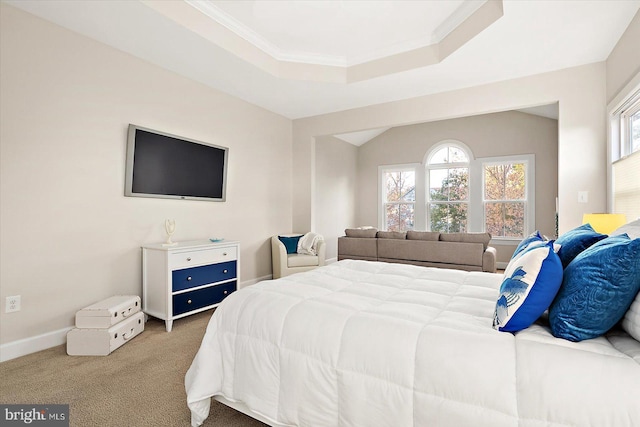 bedroom featuring carpet flooring, multiple windows, and ornamental molding