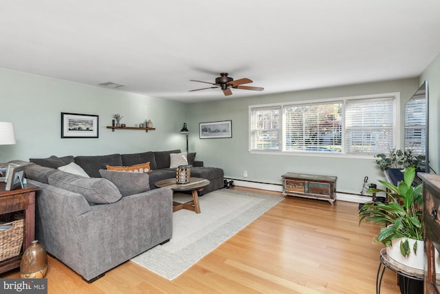 living room with hardwood / wood-style flooring, a baseboard radiator, and ceiling fan