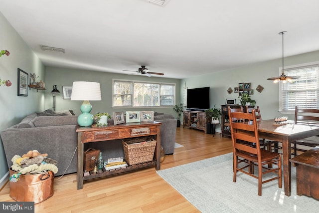 dining area with a wealth of natural light, ceiling fan, and light wood-type flooring