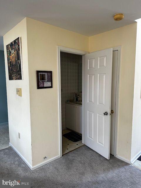 hallway with carpet floors