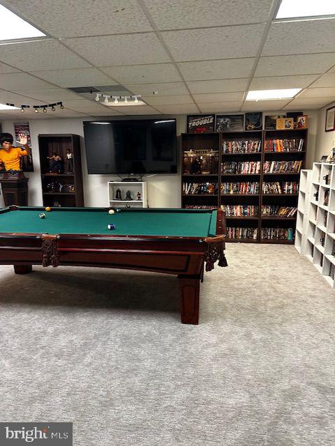 game room with a drop ceiling, carpet floors, and billiards