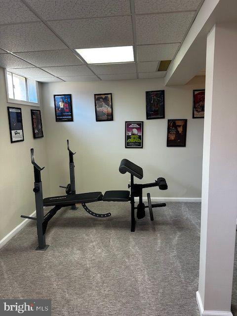 exercise area with a paneled ceiling and carpet