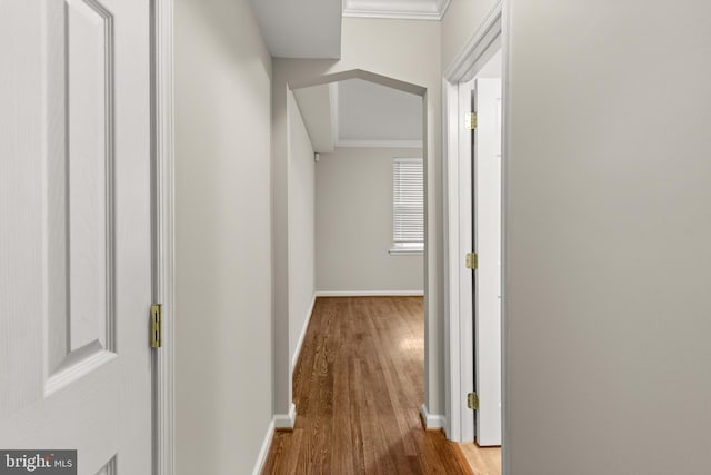 hallway featuring crown molding and wood-type flooring