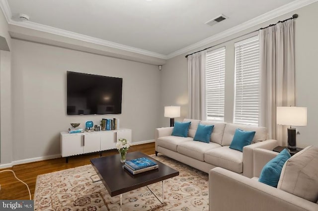 living room with wood-type flooring and ornamental molding