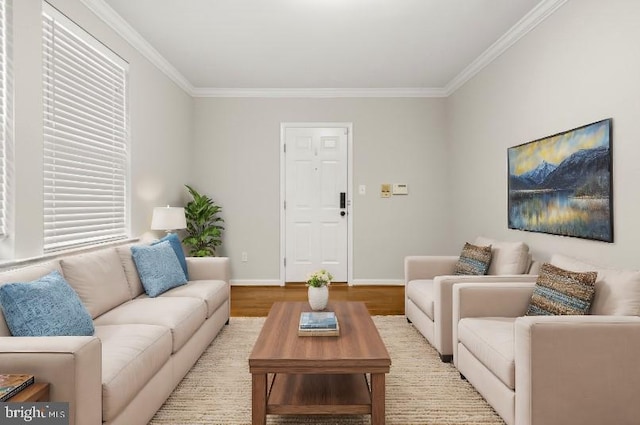 living room with crown molding and light hardwood / wood-style flooring