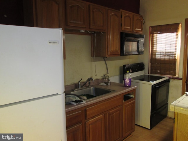 kitchen featuring black appliances, tile counters, light wood-type flooring, and sink