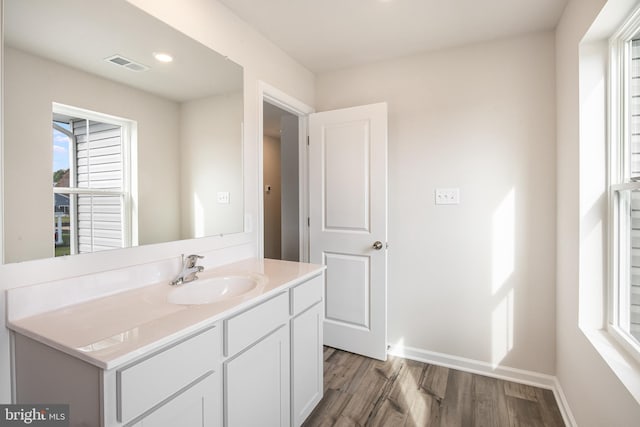 bathroom featuring hardwood / wood-style floors and vanity