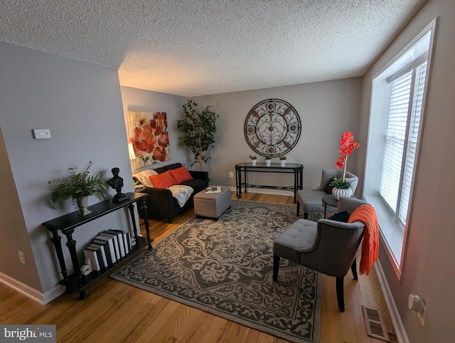 living room with hardwood / wood-style flooring and a textured ceiling