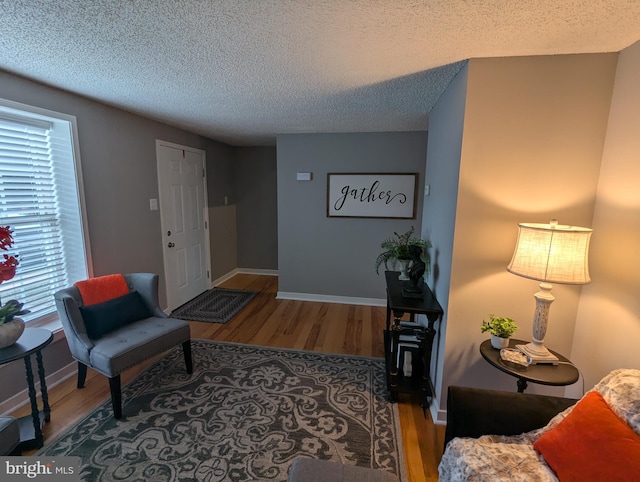 living area with wood-type flooring and a textured ceiling